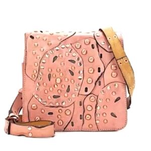 Patricia Nash Pink / peach Crossbody Studded Floral Leather Bag with Tan Strap
